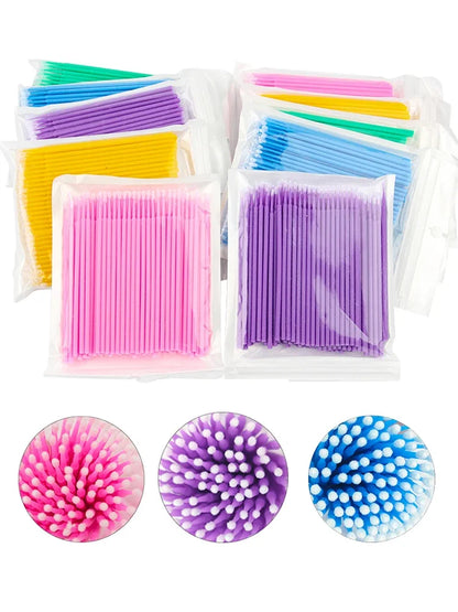 100PCS Eyelash Cleaning Brushes – Micro Cotton Swabs for Lash Extensions & Makeup Removal