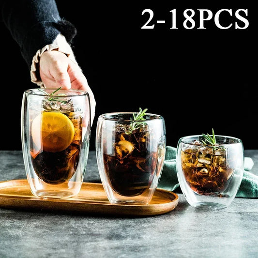 2-18PCS Double Wall High Borosilicate Glass Mugs – Heat Resistant Tea, Coffee, Milk, and Juice Cups, Creative Bar Drinkware Gift Set